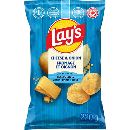 Lay's Cheese & Onion potato chips 220g packaging on a white background