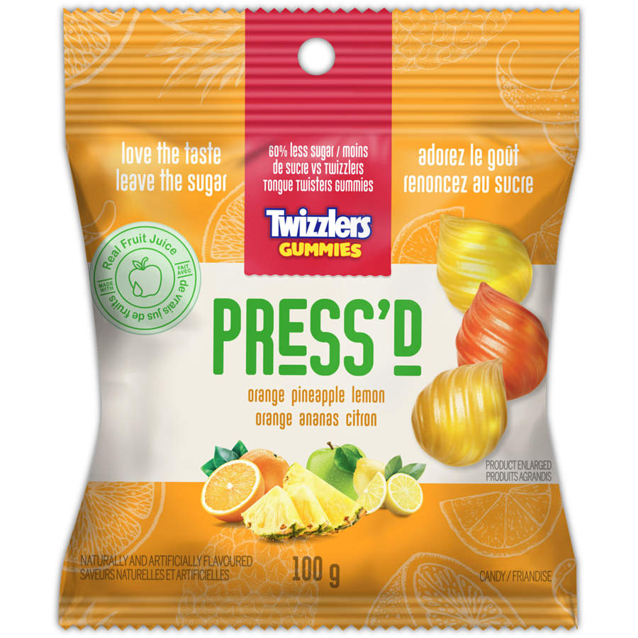 Twizzlers Press'd Fruit Gummies, Orange, Pineapple & Lemon Flavors, 100g/3.5 oz., Bag {Imported from Canada}