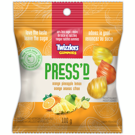 Twizzlers Press'd Fruit Gummies, Orange, Pineapple & Lemon Flavors, 100g/3.5 oz., Bag {Imported from Canada}