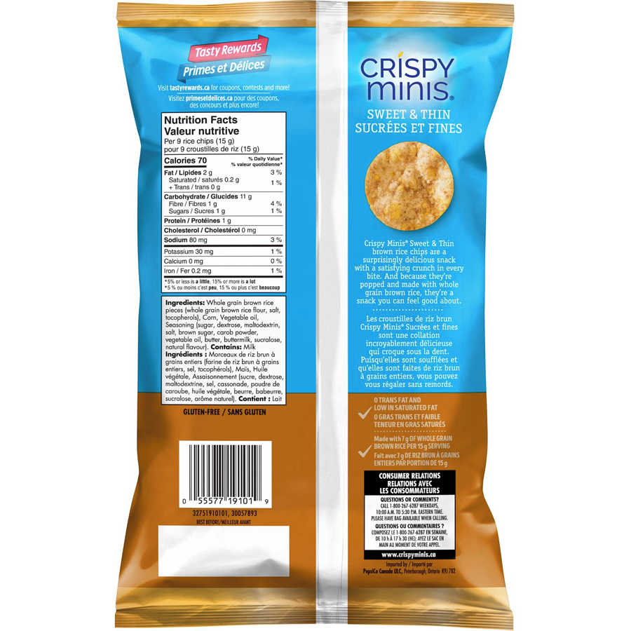 Quaker Crispy Minis Sweet & Thin Salted Caramel Brown Rice Chips, 90g/3.15 oz. Bag {Imported from Canada}