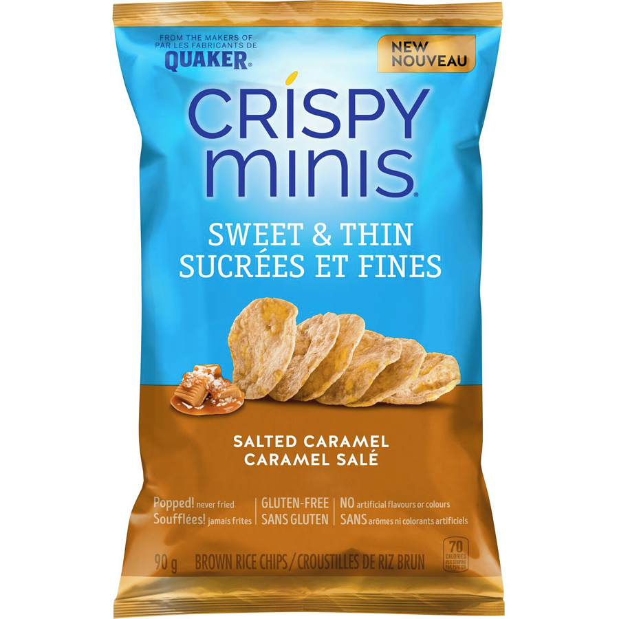 Quaker Crispy Minis Sweet & Thin Salted Caramel Brown Rice Chips, 90g/3.15 oz. Bag {Imported from Canada}