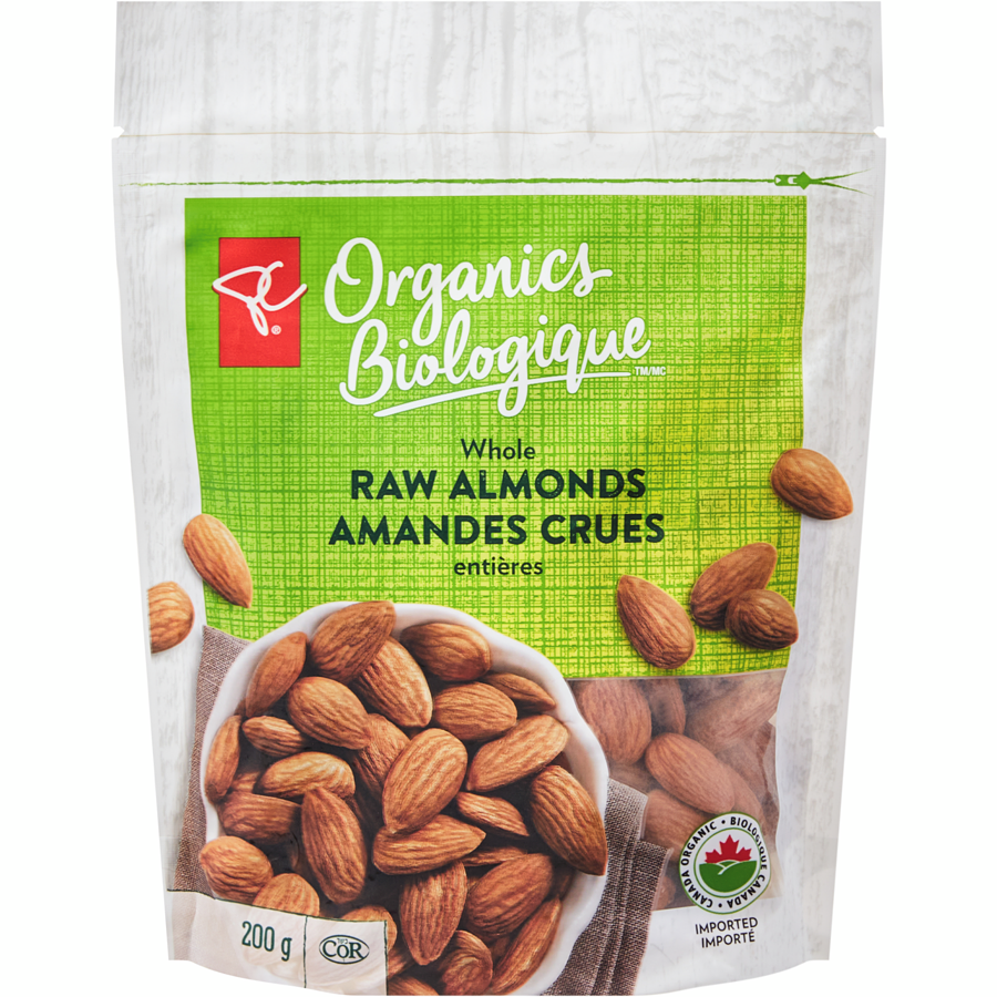 President's Choice Organics Whole Raw Almonds, 200g/7 oz. Bag {Imported from Canada}