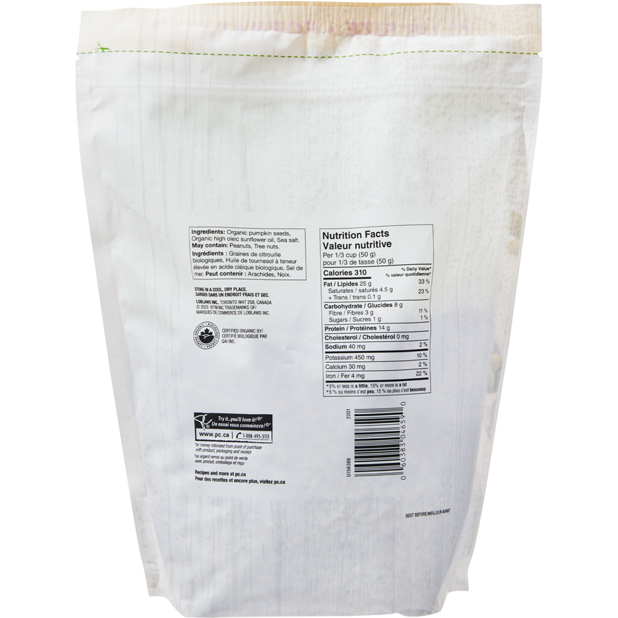 President's Choice Organics Dry-Roasted Pumpkin Seeds, Salted, Club Size 1kg/2.2 lbs. Bag {Imported from Canada}