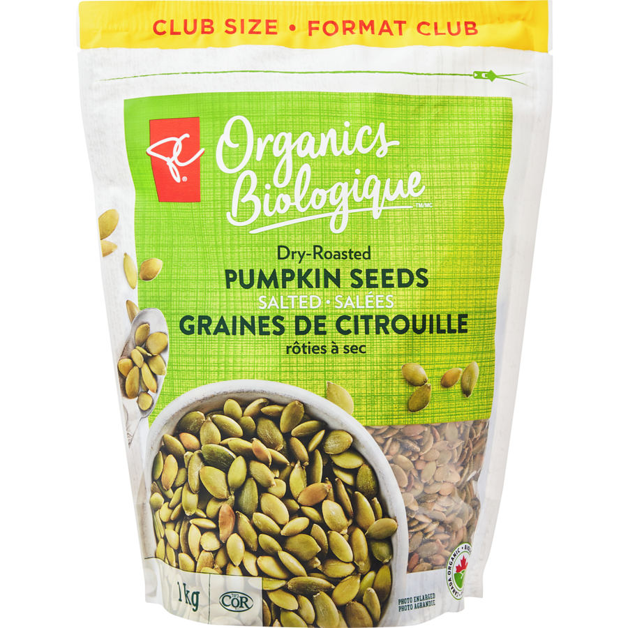 President's Choice Organics Dry-Roasted Pumpkin Seeds, Salted, Club Size 1kg/2.2 lbs. Bag {Imported from Canada}