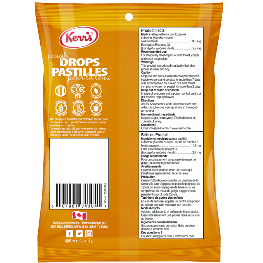 Kerr's Honey Lemon Cough Drops with Menthol & Eucalyptus, 30 Lozenges - Back
