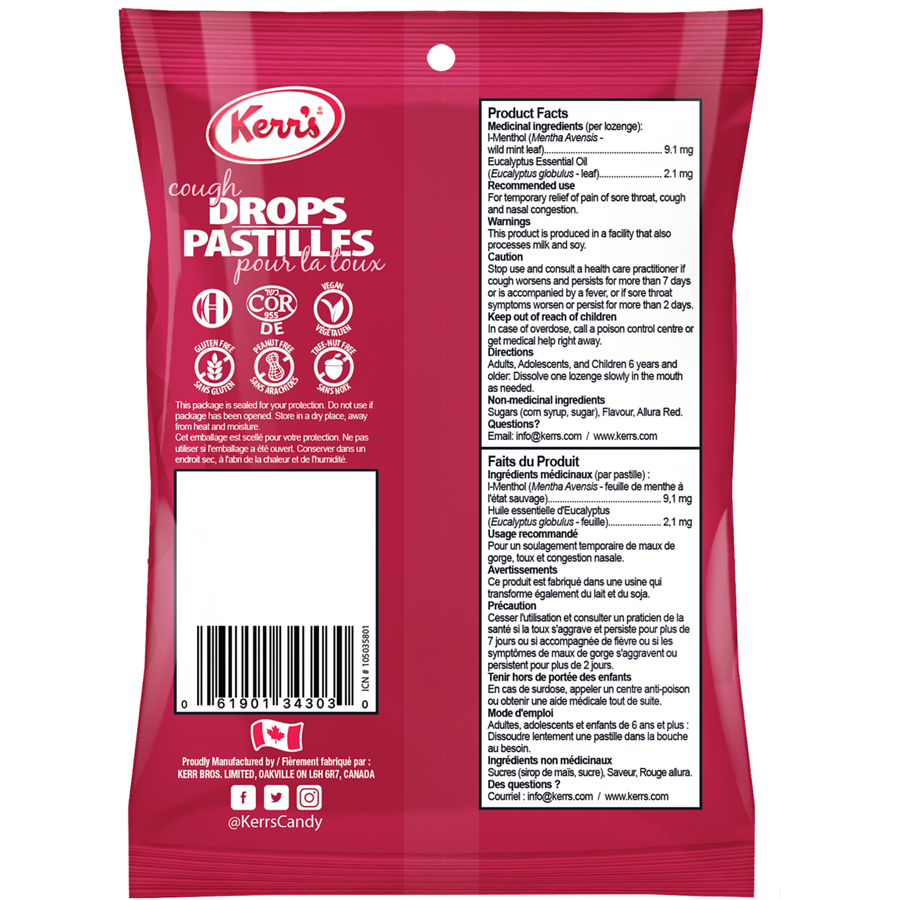 Kerr's Cherry Cough Drops with Menthol & Eucalyptus, 30 Lozenges