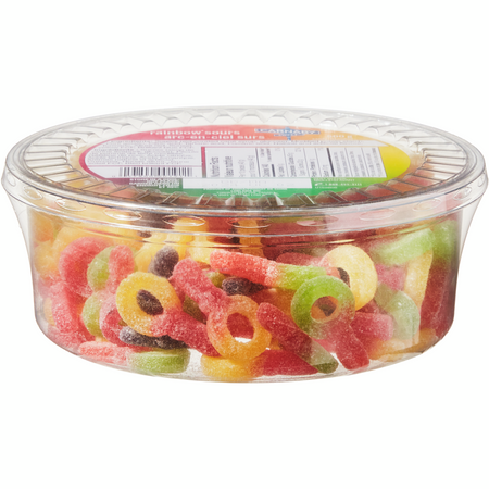 Carnaby Rainbow Sours Gummies, 500g, side of tub.