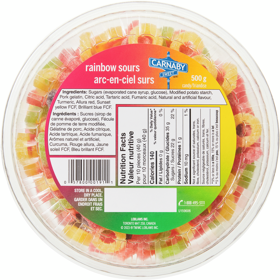 Carnaby Rainbow Sours Gummies, 500g, top of tub.