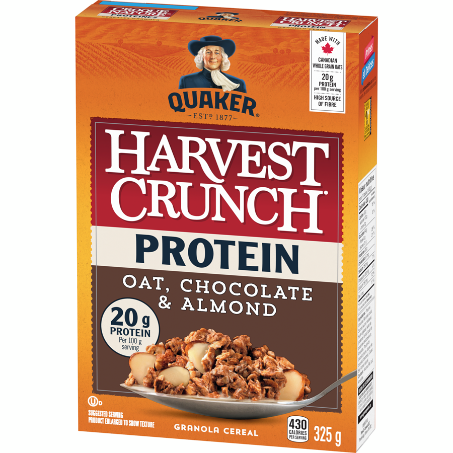 Quaker Harvest Crunch Protein Cereal, Oat, Chocolate & Almond, side of box