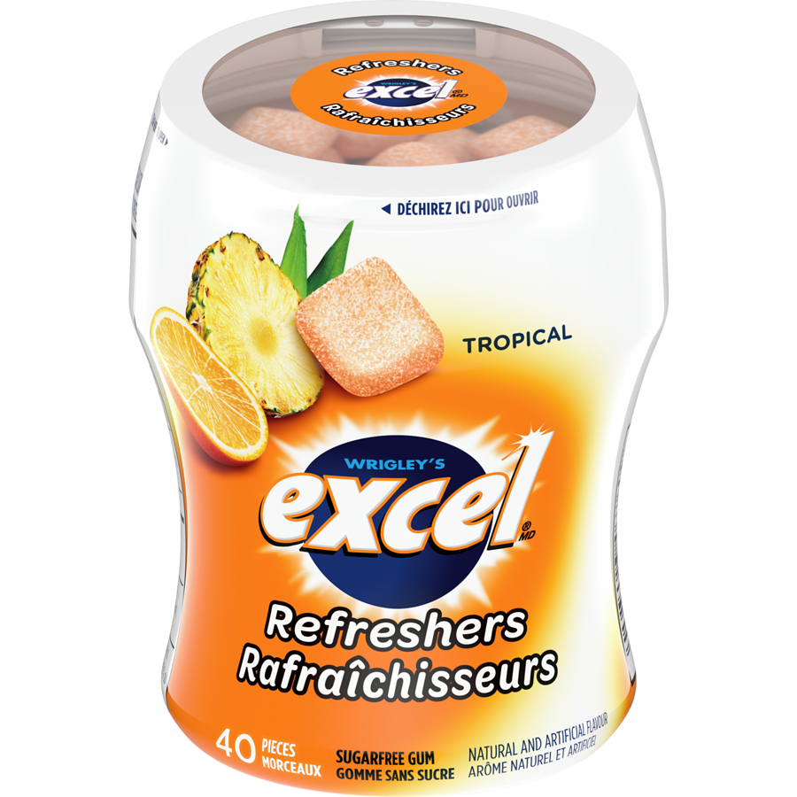 Excel Sugar-Free Gum, Refreshers Tropical, 6 ct. Package, front of one bottle.