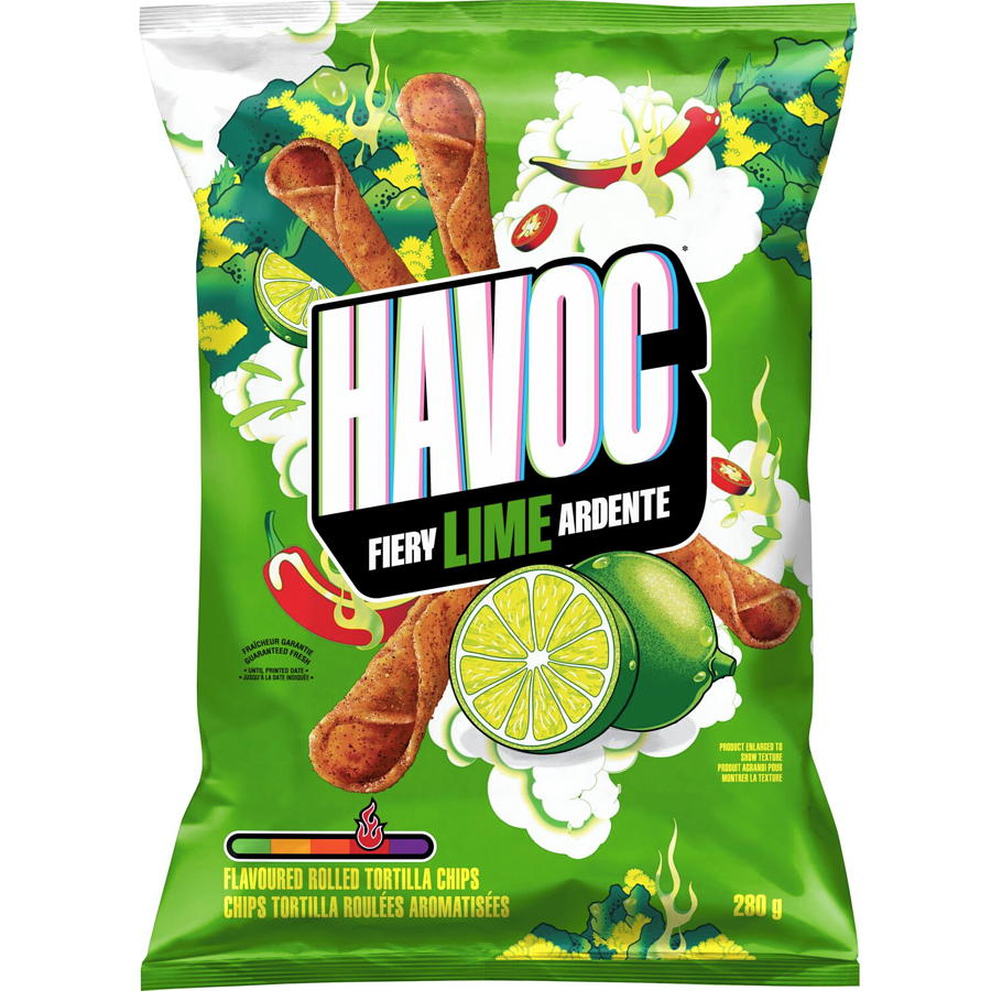 Havoc Fiery Lime Ardente Rolled Tortilla Chips, Red Chili Powder, Citrus & Fiery Red Peppers, 280g/9.8 oz. Bag