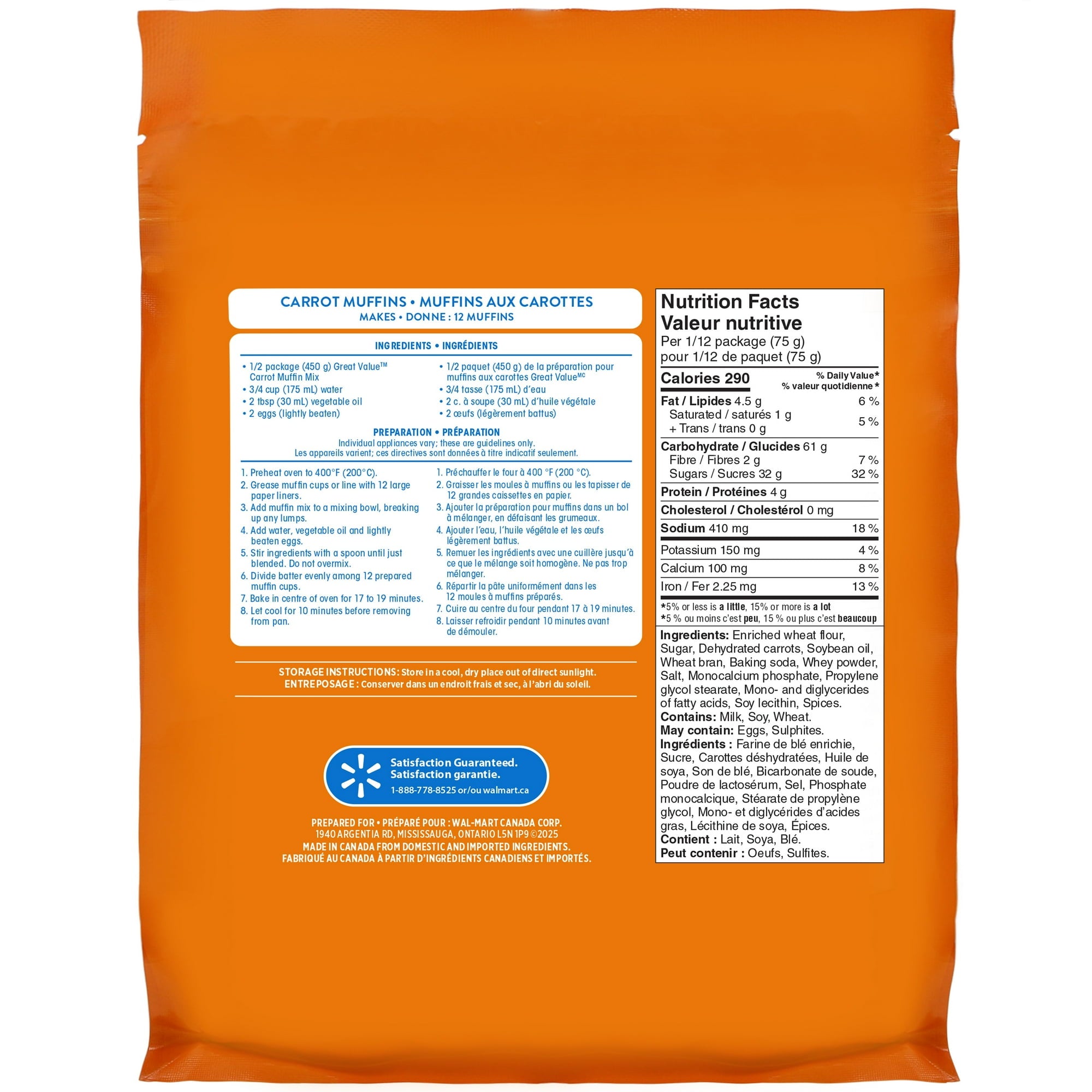 Back of a Great Value Carrot Muffin Mix, Makes 24 Muffins - 900g package on a white background