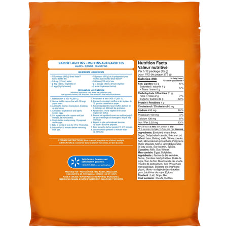 Back of a Great Value Carrot Muffin Mix, Makes 24 Muffins - 900g package on a white background