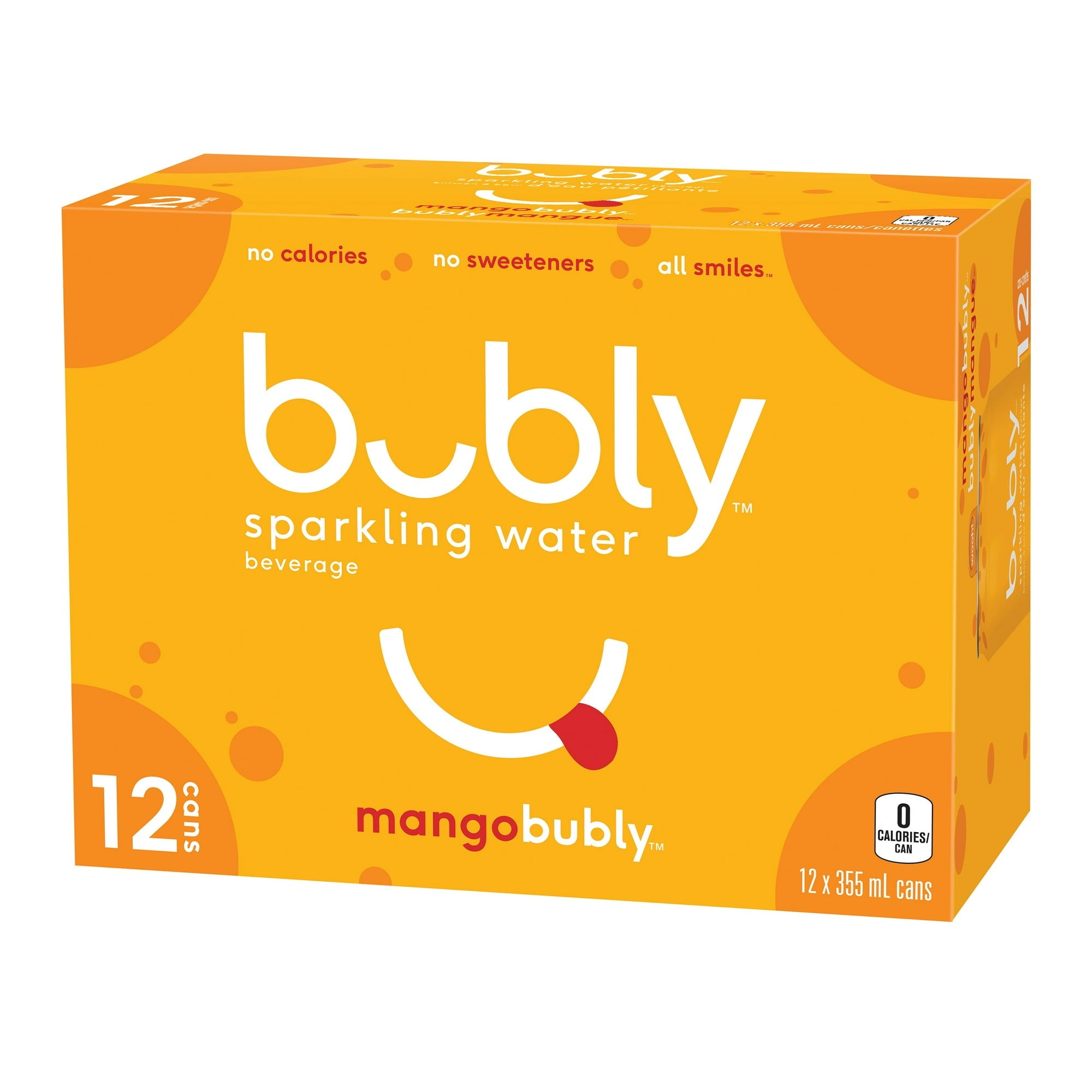 Angle of Bubly Mango Sparkling Water Beverage, 12x355ml cans, 4.26L/144 oz