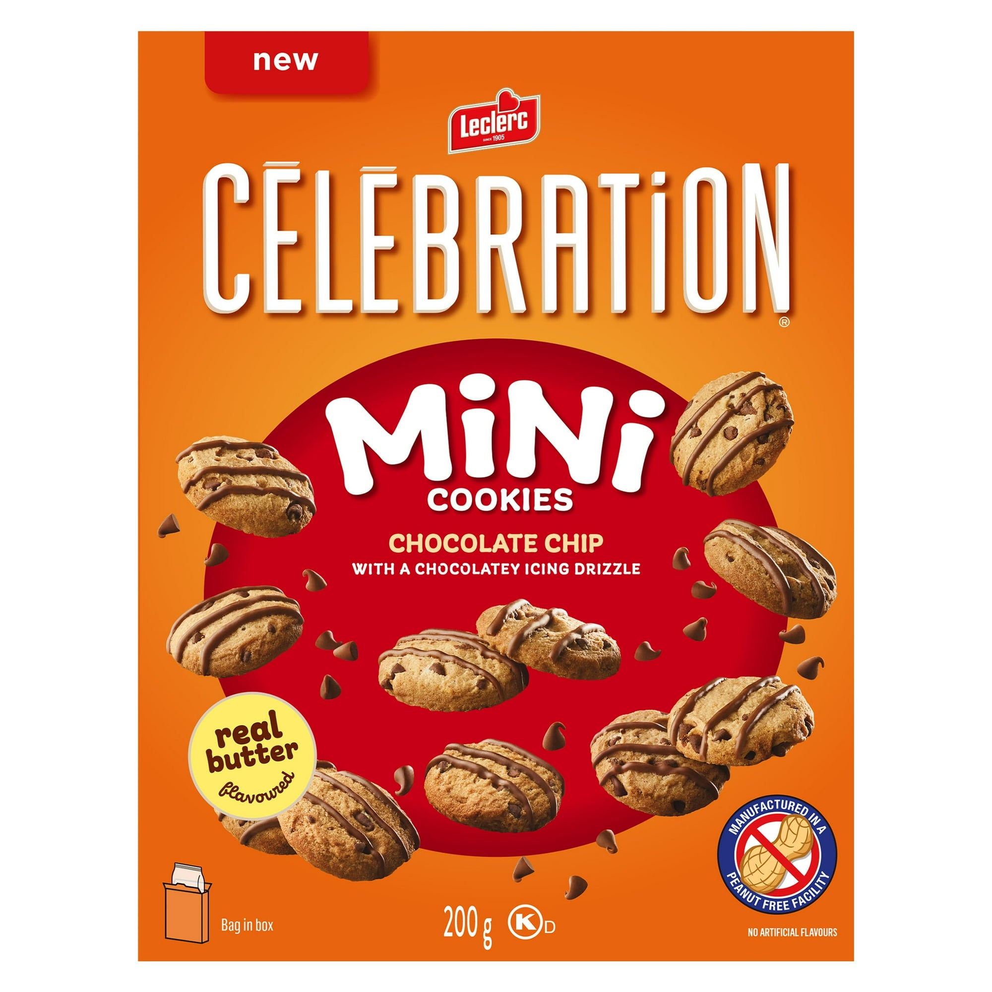 Box of Leclerc Celebration Chocolate Chip Mini Cookies, 200g/7.05 oz with chocolate chips on an orange background