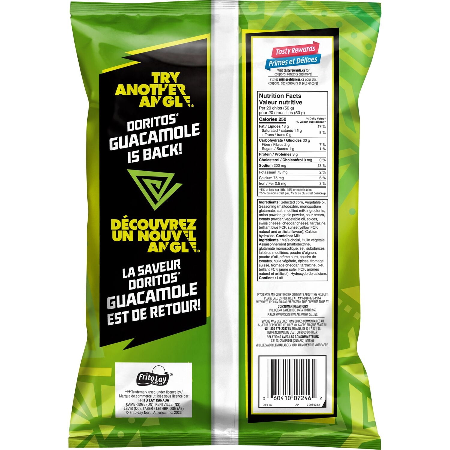 Green bag of Doritos Guacamole tortilla chip with text and nutrition label on a white background