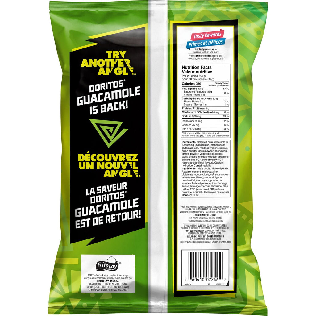 Green bag of Doritos Guacamole tortilla chip with text and nutrition label on a white background