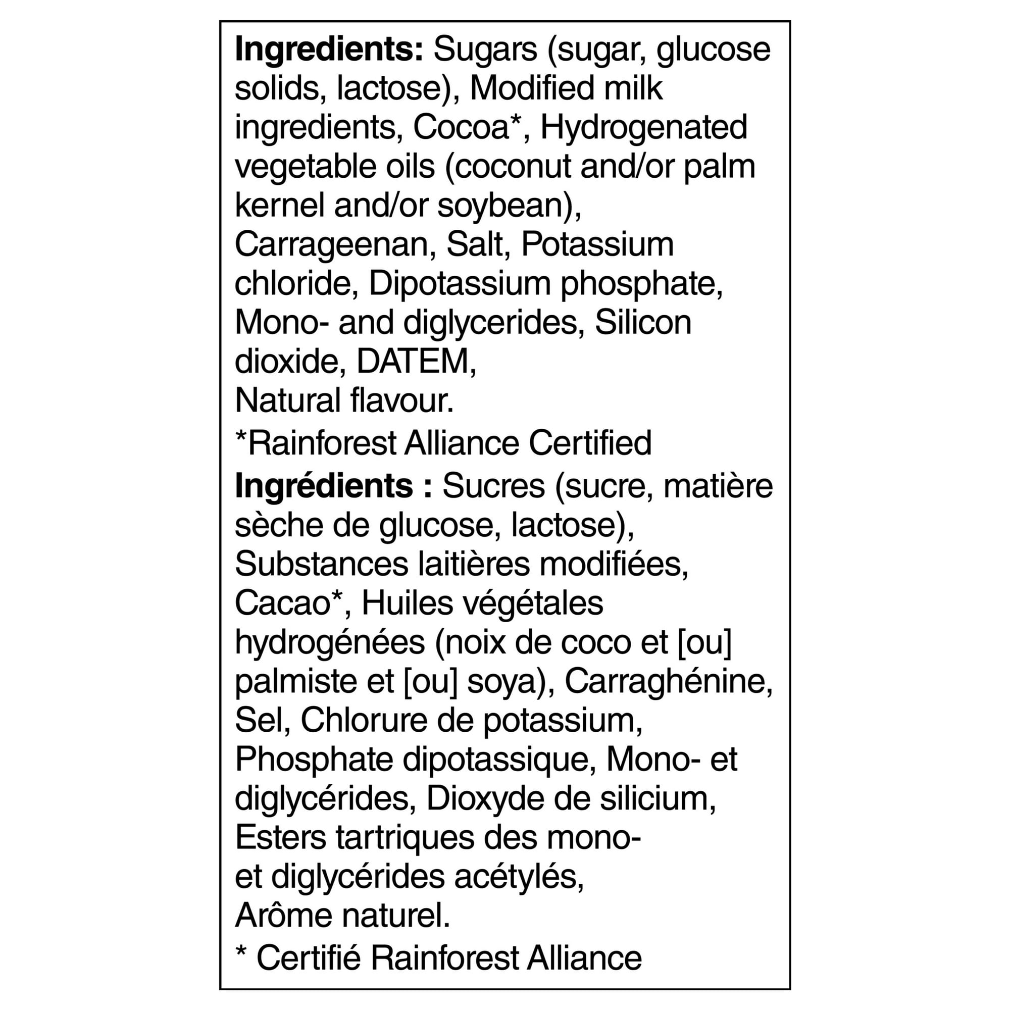 Ingredients list for Carnation Rich and Creamy Hot Chocolate Mix on a white background