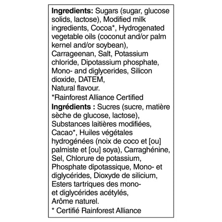 Ingredients list for Carnation Rich and Creamy Hot Chocolate Mix on a white background