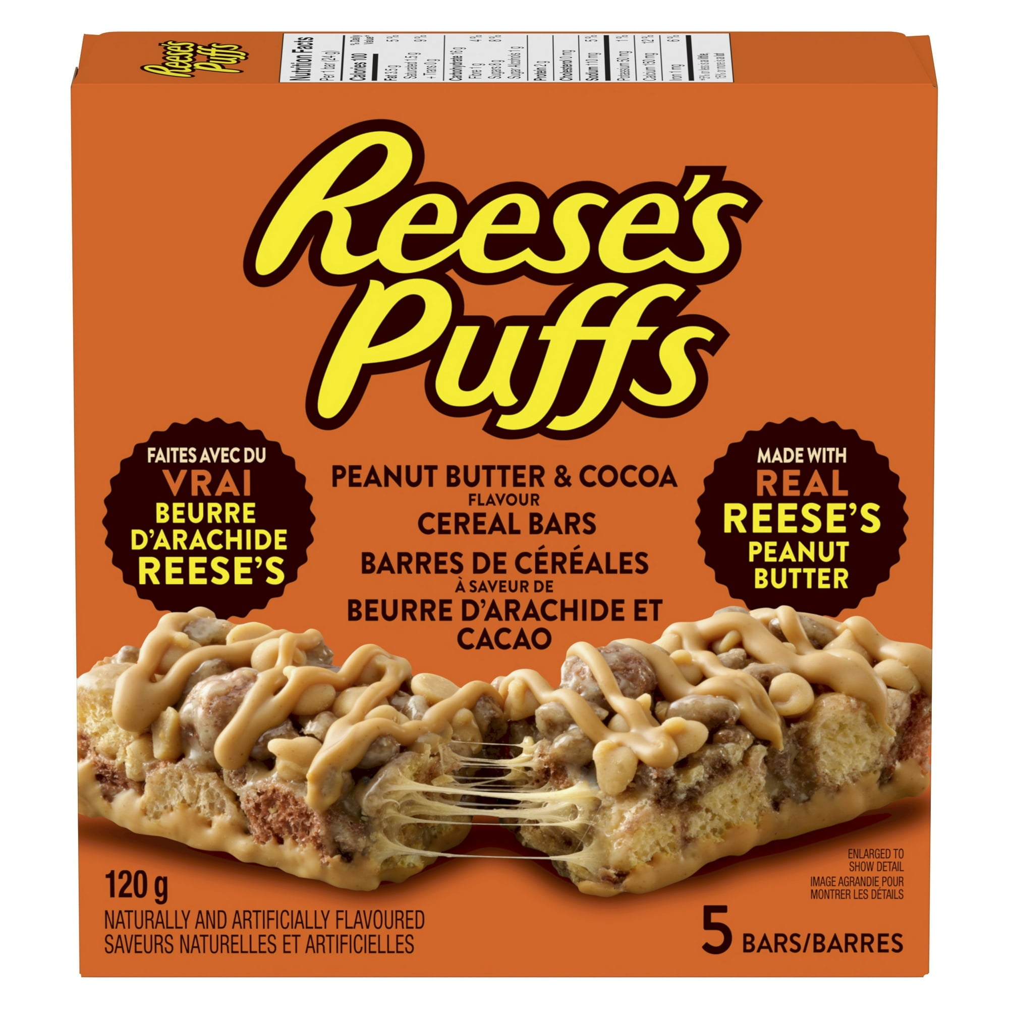 Reese's Puffs Peanut Butter & Cocoa Flavor Cereal Bars, Pack of 5 Bars, 120g/4.2 oz., Box, front of box.