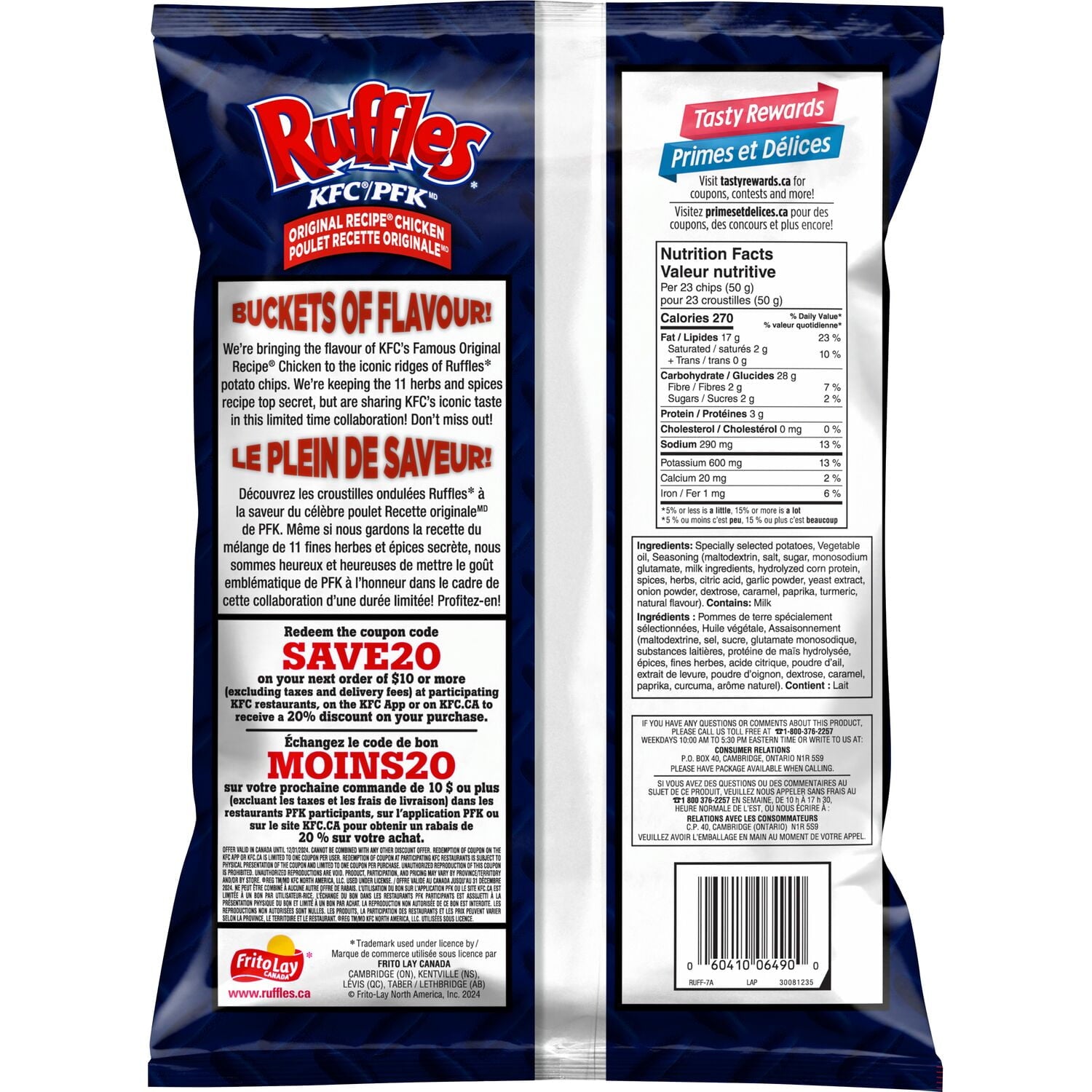 Ruffles KFC Original Recipe Chicken Potato Chips, 180g, back of bag.