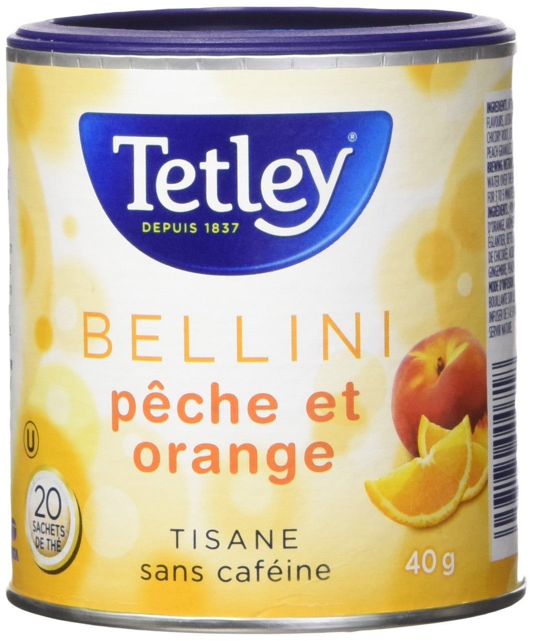 Tetley Bellini Peach Orange Herbal Tea Caffeine Free 20 Round Tea Bags