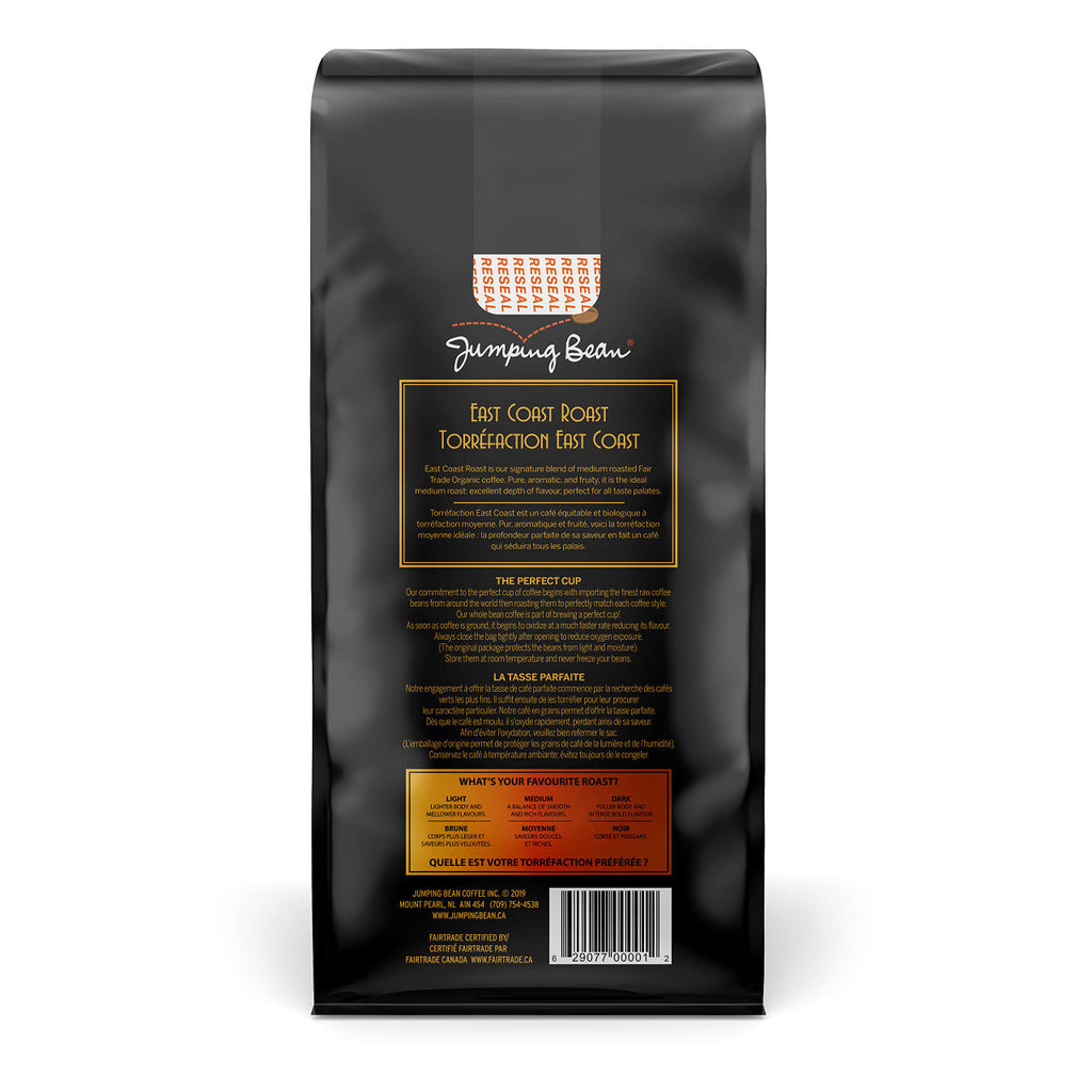 Jumping Bean East Coast Roast Fairtrade Organic Whole Bean Coffee, Medium Roast, 454g/1 lb.