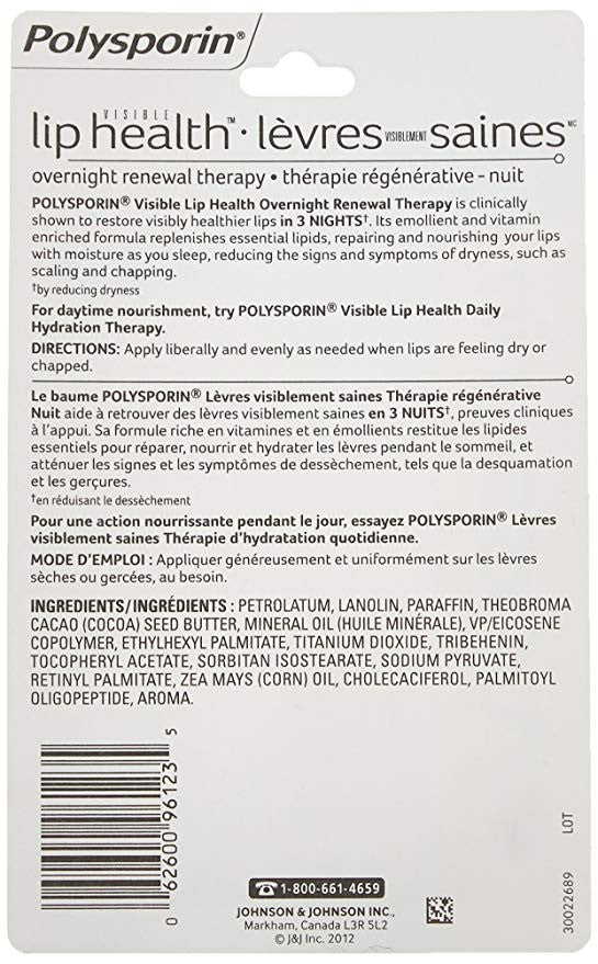Polysporin Visible Lip Health Overnight Renewal Therapy, 7.7g {Imported from Canada} Caffeine