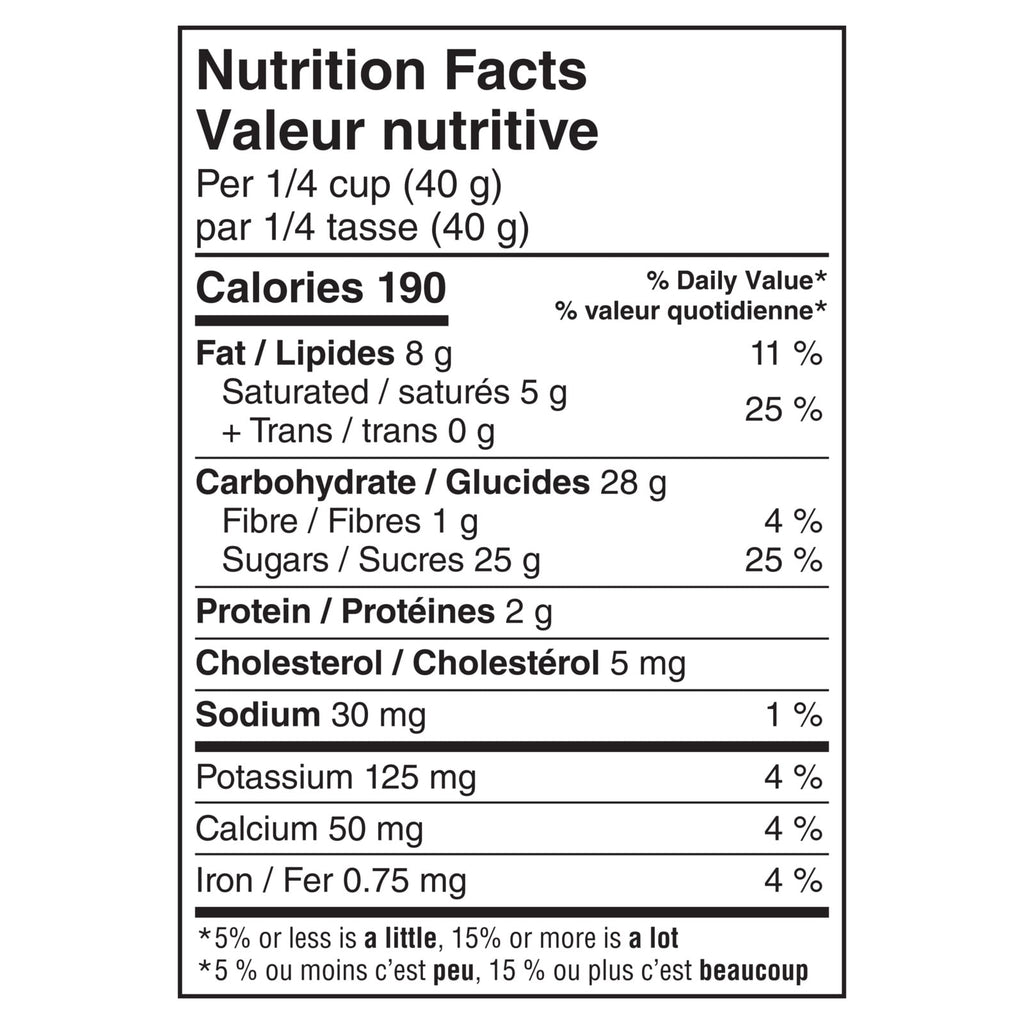 Nutrition facts label of M&M's Holiday Mint Milk Chocolate Candies, 165g/5.8 oz. Bag