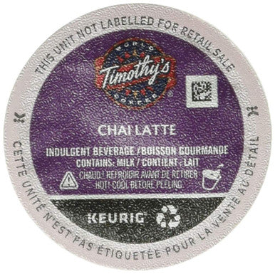 Timothy's Chai Latte Single Serve Keurig Certified Recyclable K-Cup pods for Keurig Brewers, 12 Count {Imported from Canada}