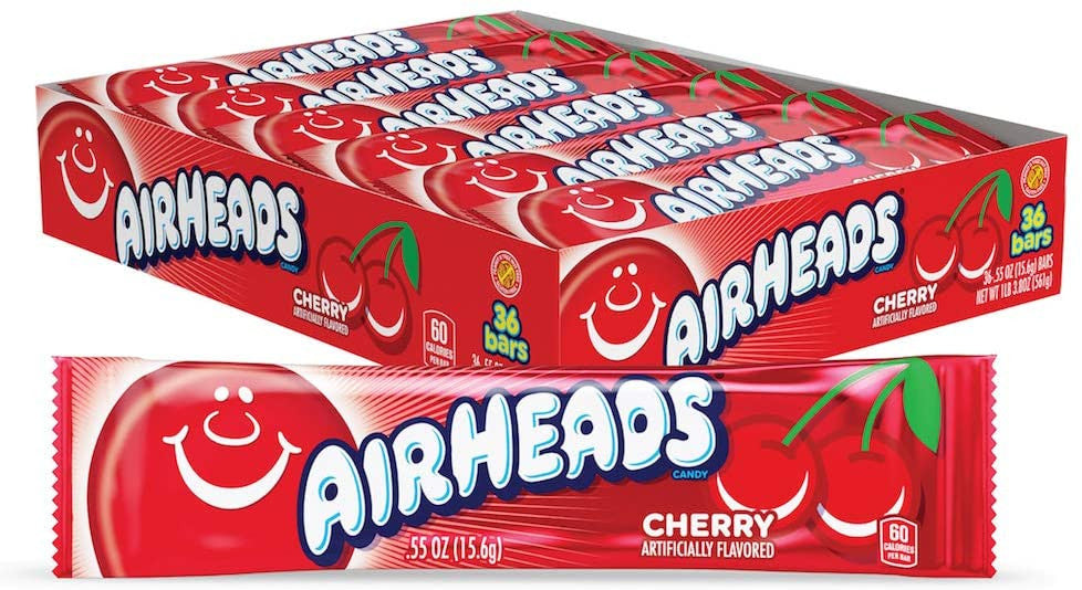 Airheads Candy Individually Wrapped Bars, Cherry, 0.55 Ounce (Bulk Pack of 36)