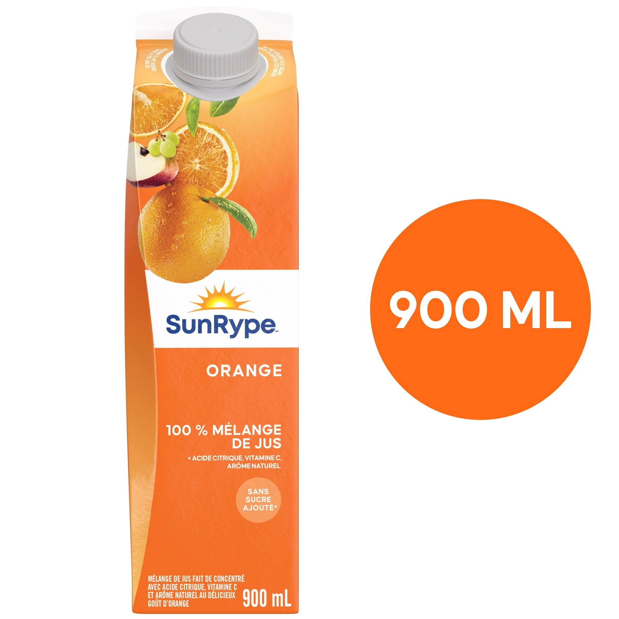 SunRype Fruit Juice, Orange, 900ml/30.4 fl. oz. Carton, back of carton