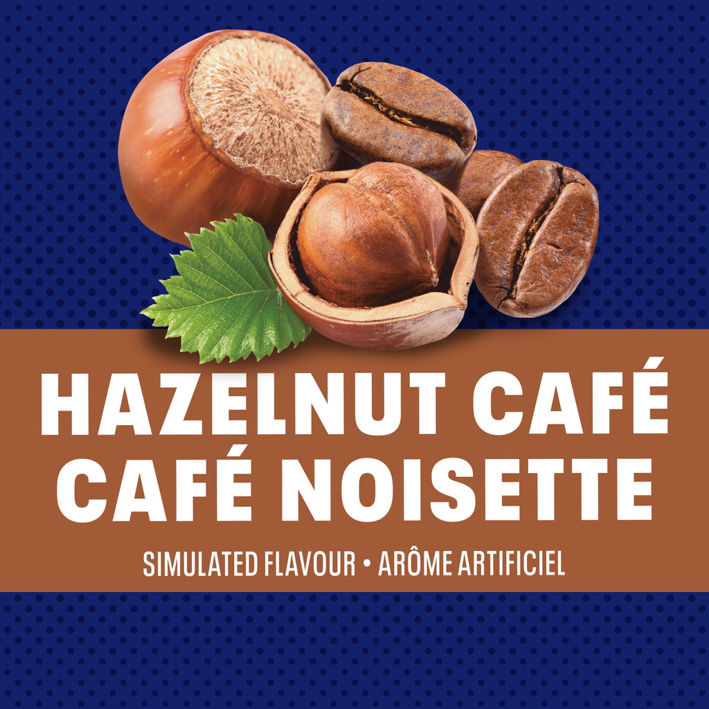 Hazelnut and coffee beans with a brown label on a blue background