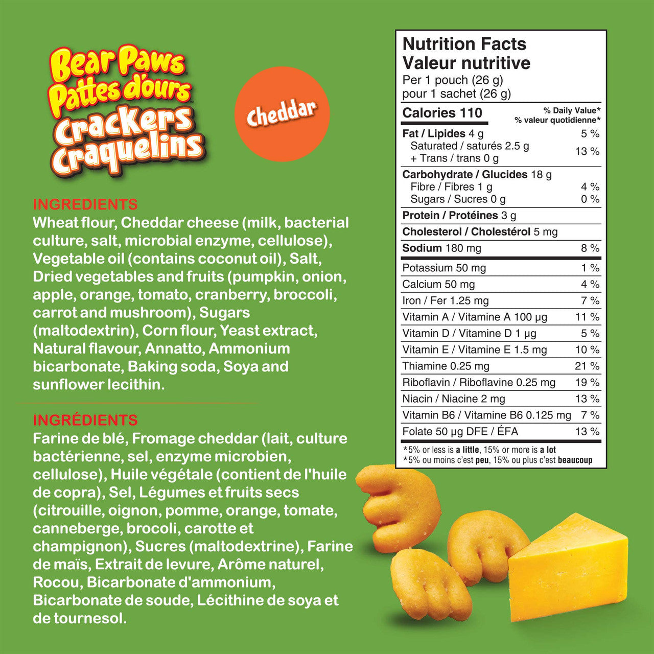 Dare Bear Paws, Bite-Sized Cheddar Crackers, Made with Real Fruits and Veggies, 180g {Imported from Canada}