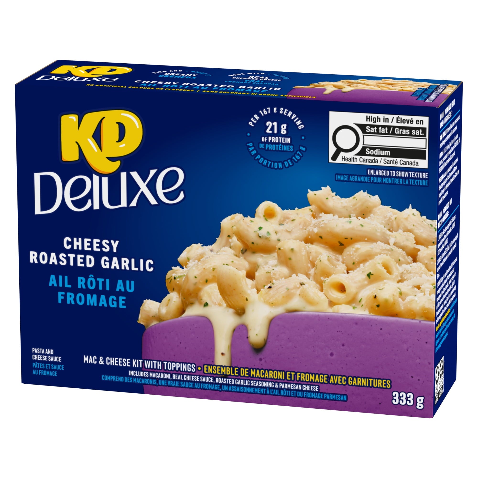 KD Deluxe Cheesy Roasted Garlic mac and cheese kit packaging on a white background
