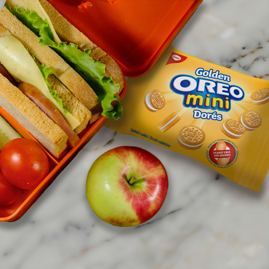 Oreo Golden Mini Dores, Sandwich Cookies in a lunch  box.