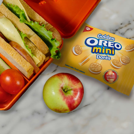 Oreo Golden Mini Dores, Sandwich Cookies in a lunch  box.