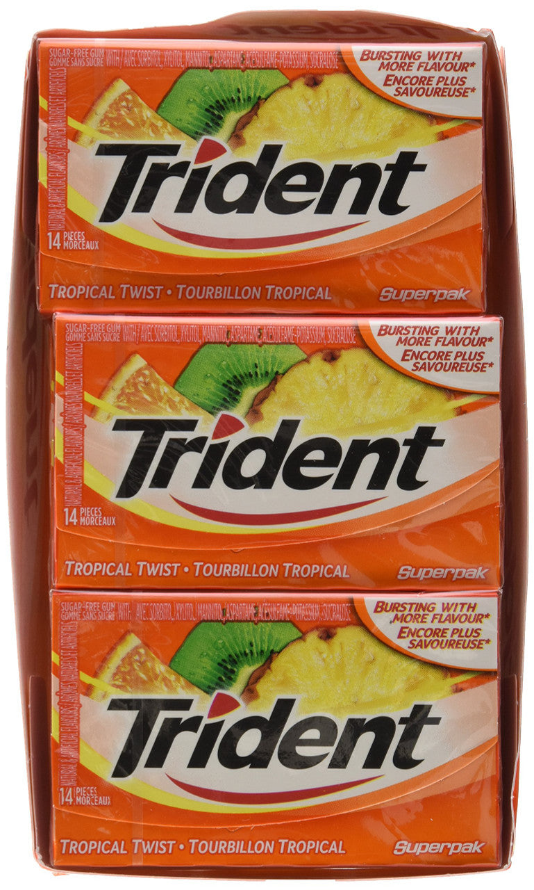 Trident Sugar Free Tropical Twist Gum Superpak, 12 Pack (14 Pieces Each) {Imported from Canada}