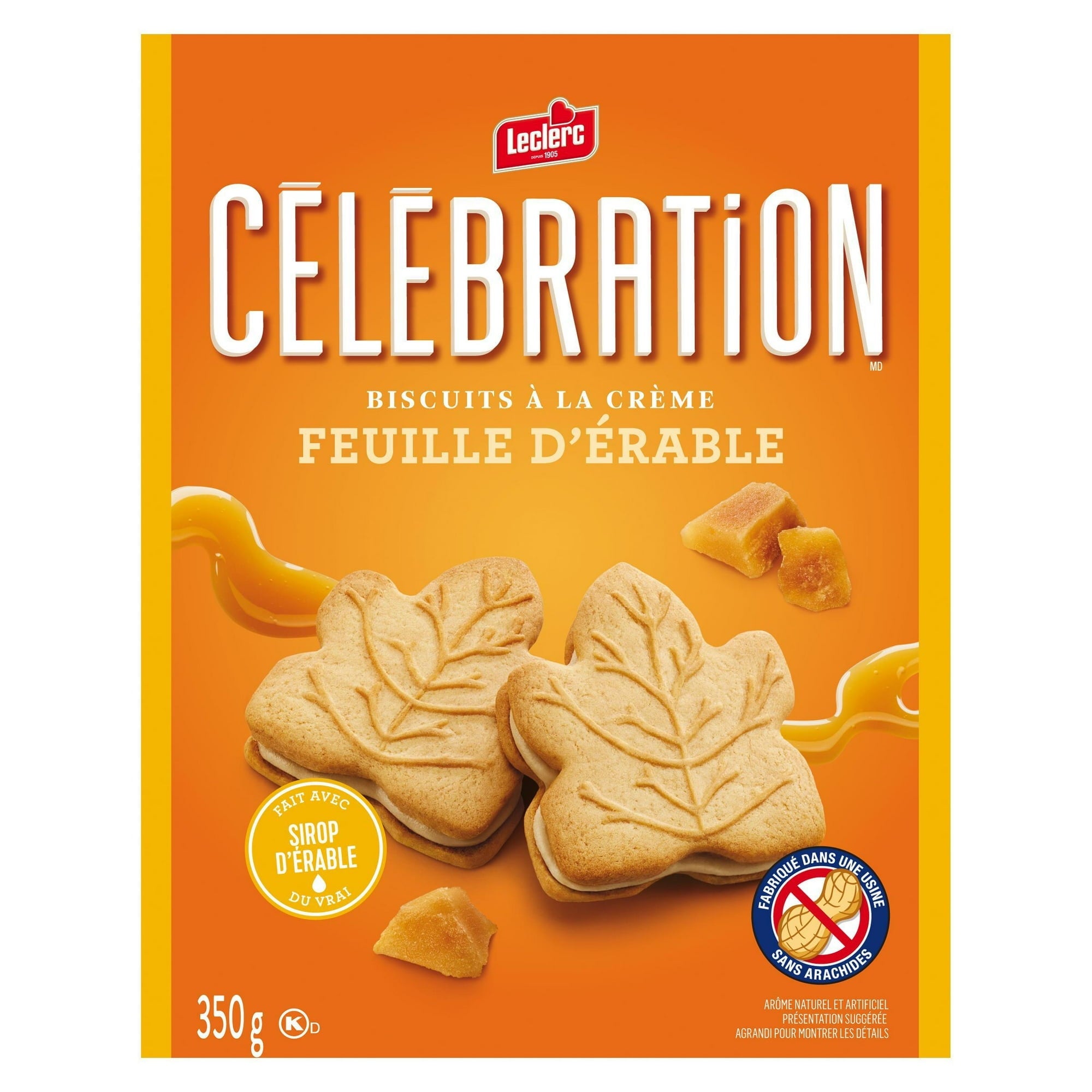 Box of Leclerc Celebration cookies with maple leaf design on an orange background