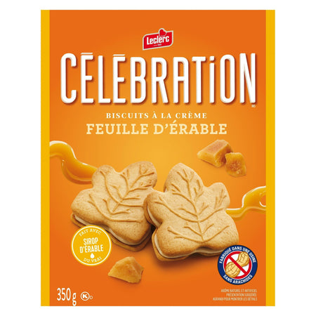 Box of Leclerc Celebration cookies with maple leaf design on an orange background