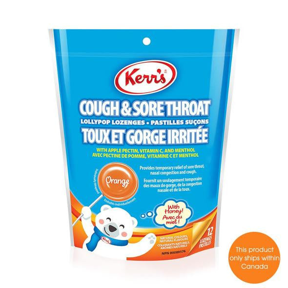 Kerr's Cold and Sore Throat Lollypop Orange Lozenges, 12ct, 12pk, Imported from Canada}