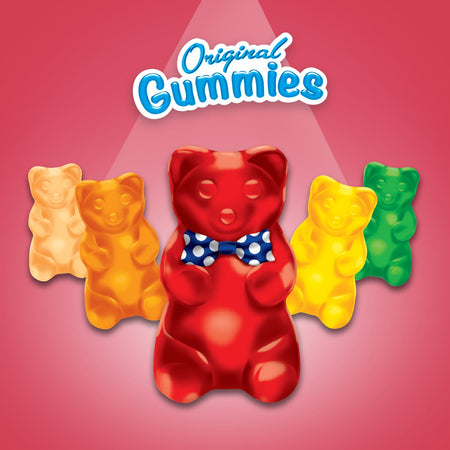 Colorful gummy bears with a red one wearing a bow tie on a pink background, featuring the 'Original Gummies' text.