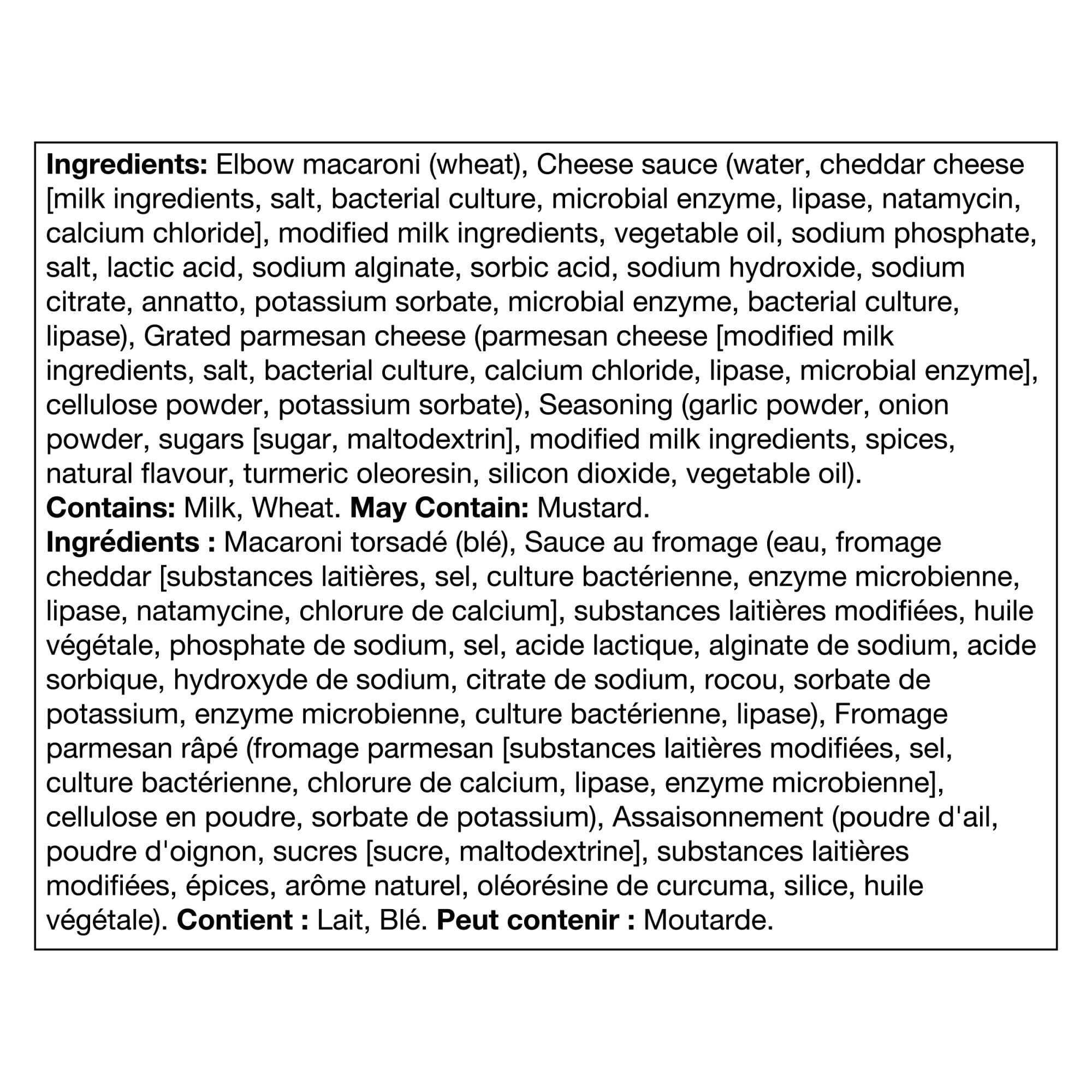 Ingredients list for KD Kraft Dinner Deluxe CHEESY ROASTED GARLIC Mac & Cheese, 333g on a white background