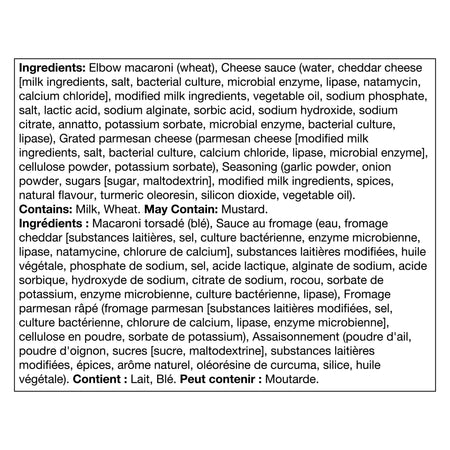 Ingredients list for KD Kraft Dinner Deluxe CHEESY ROASTED GARLIC Mac & Cheese, 333g on a white background