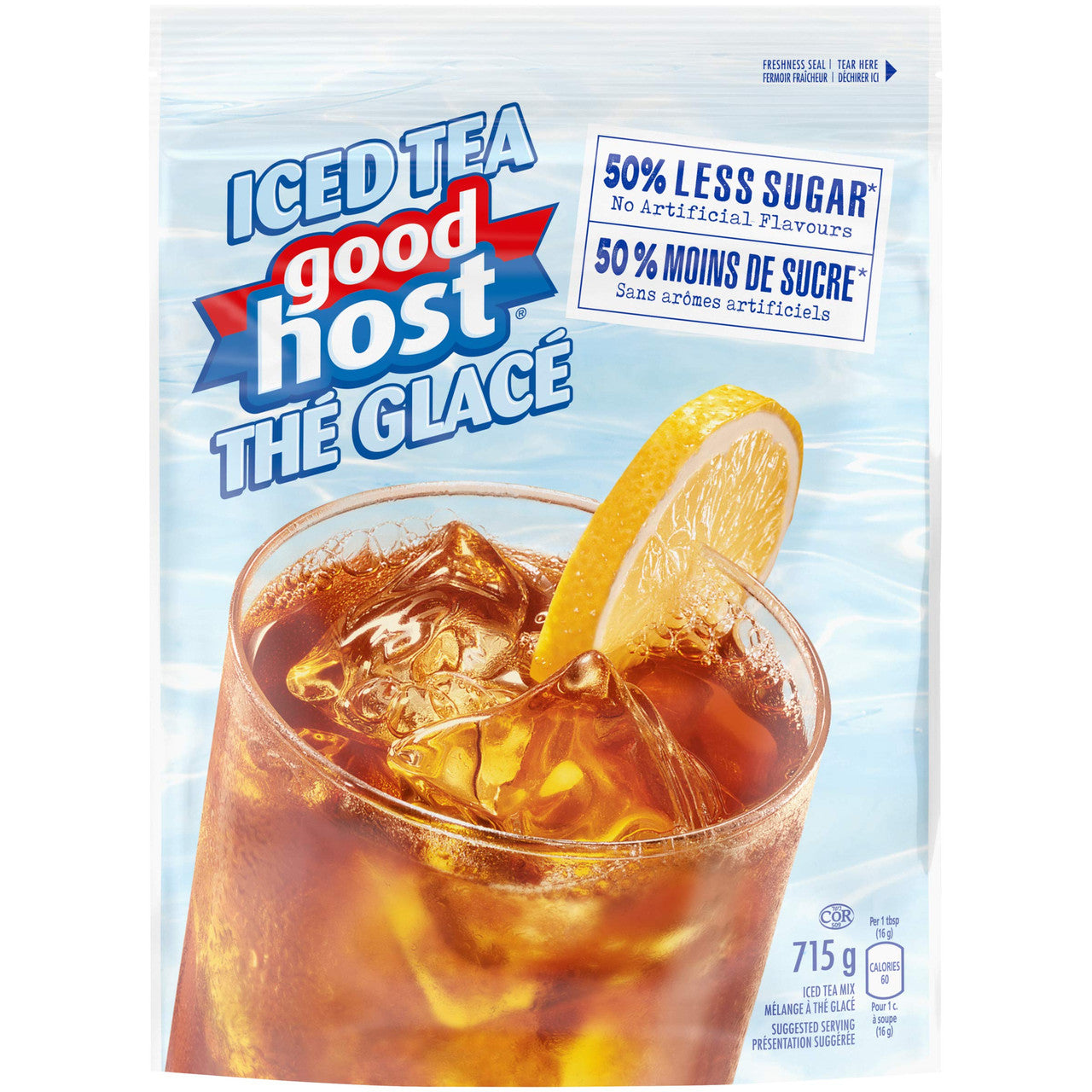 Packaging of GOODHOST Iced Tea Mix with 50% less sugar, featuring a glass of iced tea and a slice of lemon. The package indicates the product is prepared in Canada and contains 715g of tea mix.