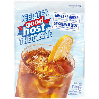 Packaging of GOODHOST Iced Tea Mix with 50% less sugar, featuring a glass of iced tea and a slice of lemon. The package indicates the product is prepared in Canada and contains 715g of tea mix.