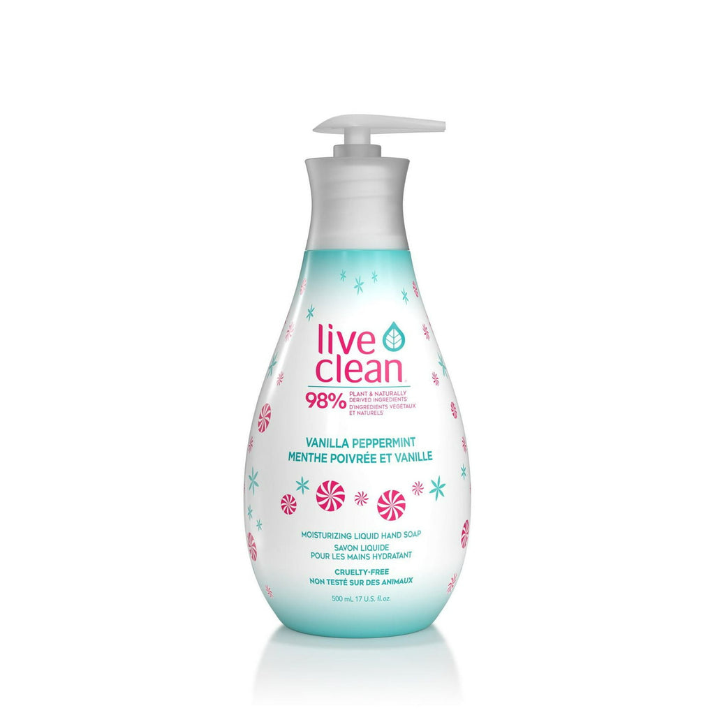 Bottle of Live Clean vanilla peppermint hand soap with a white background