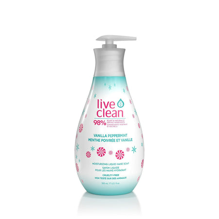 Bottle of Live Clean vanilla peppermint hand soap with a white background