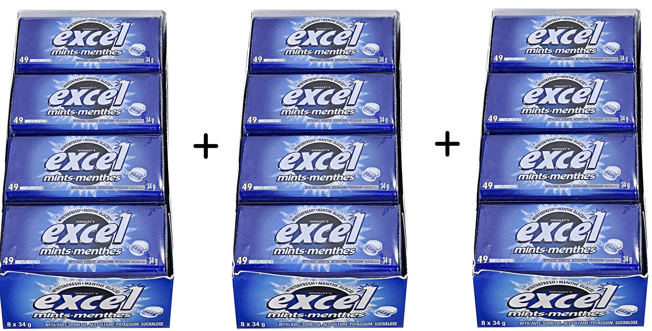Excel Sugar-Free Mints, 34gm Tins, 8 Count, 3pk., (Winterfresh) {Imported from Canada}