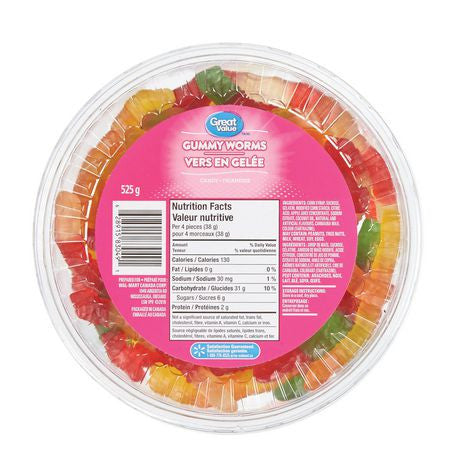 Great Value, Tub of Gummy Worms, 525g/1.2lbs, (Imported from Canada)